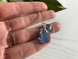 Blue Sea Glass Necklace, Seahorse & Never Give Up Charm