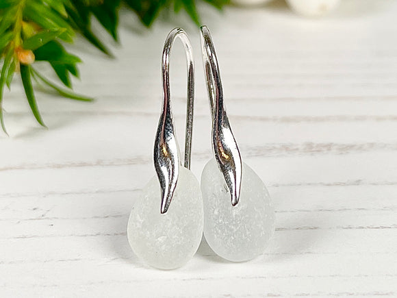 Wave Earrings - Sterling Silver And White Sea Glass