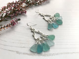 Japanese Sea Glass Chandelier Earrings, Sterling Silver Green Aqua Ombre