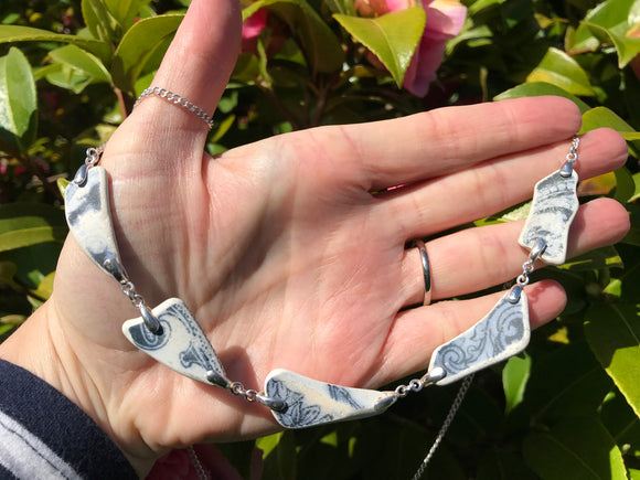 Sea Pottery Blue Necklace Endless Chain 24” Sterling Silver