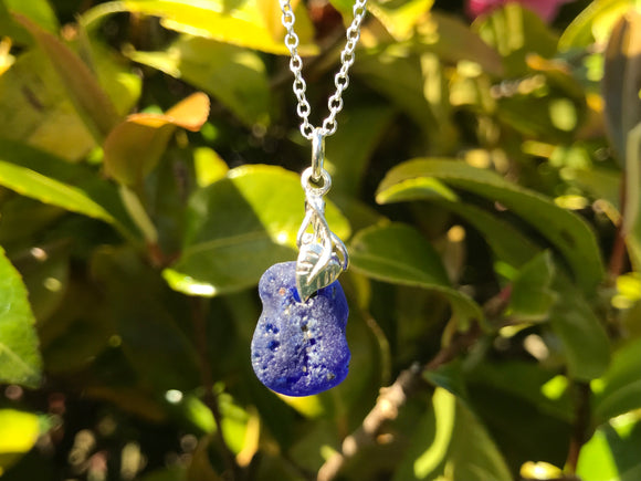Spanish Blue Bonfire Sea Glass Necklace Sterling
