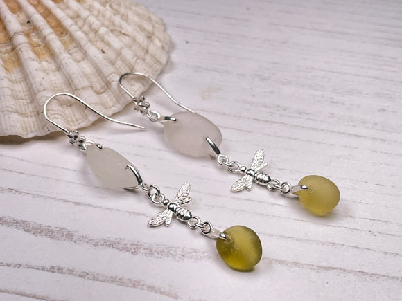 Chandelier Earrings - White and Yellow Sea Glass Bee Earrings