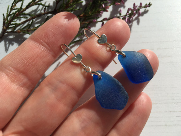 Spanish Sea Glass - Petrol Blue Heart Design Earrings