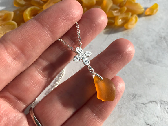 Yellow Sea Glass Cross Necklace - Spanish sea glass pendant