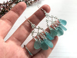 Japanese Sea Glass Chandelier Earrings, Sterling Silver Green Aqua Ombre