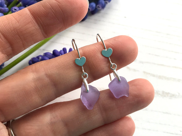 Purple Sea Glass Earrings - Heart Shaped Colour Changing Neodymium Spanish Beach Glass
