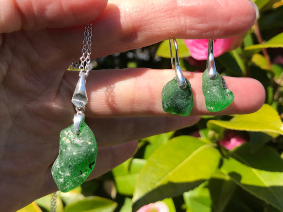 Scottish Green Bonfire Sea Glass Jewellery Set - Necklace and Earrings