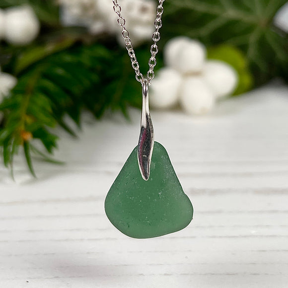 Mini Sea Glass Pendant - Sterling Silver and Green Petite Beach Glass Necklace