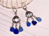 Blue Mix Sea Glass Shell Chandelier Earrings, Sterling Silver