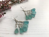 Japanese Sea Glass Chandelier Earrings, Sterling Silver Green Aqua Ombre