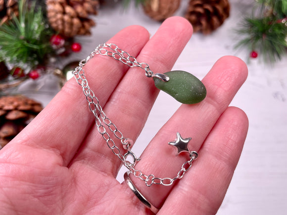 Green Seaham Sea Glass Bracelet - Star Charm 7” plus 1” Sterling