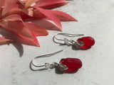 Red Sea Glass Earrings - Sterling Silver Heart Design
