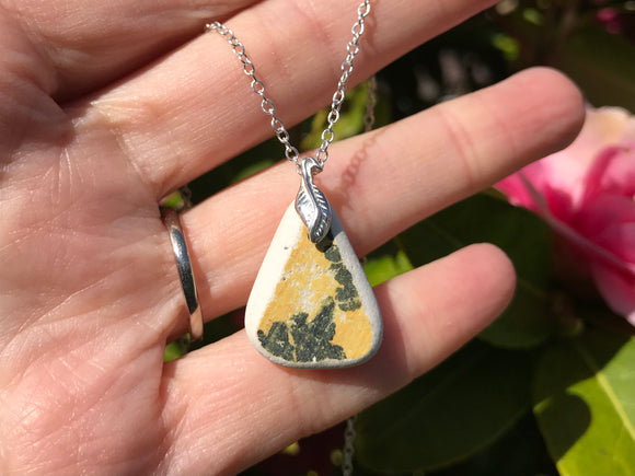 Yellow Black Flower Scottish Sea Pottery Pendant