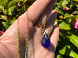 Spanish Blue Sea Glass on Gold 14K on Sterling Silver Wave Setting