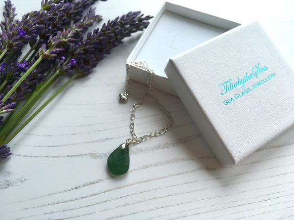 Green Seaham Sea Glass Bracelet - Heart Charm 7” plus 1” Sterling