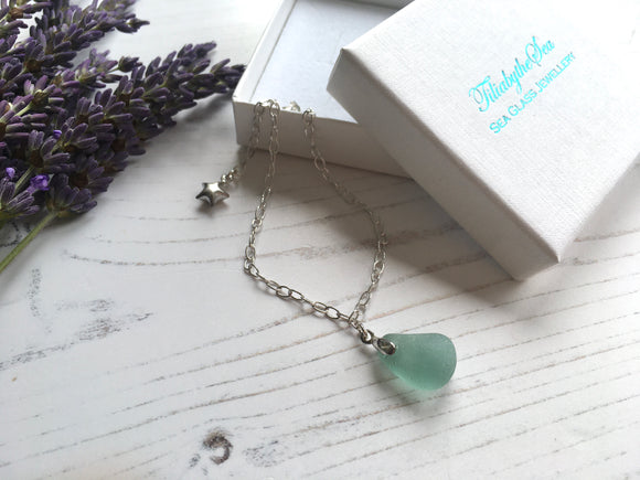 Seafoam Seaham Sea Glass Bracelet - Star Charm 7” plus 1” Sterling
