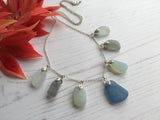 Pastel Blue Grey Opalescent Shades Sea Glass Necklace - 22' Sterling Silver
