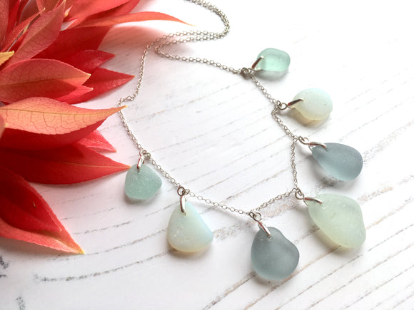 Grey Opalescent Sea Foam Shades Sea Glass Necklace - 22' Sterling Silver