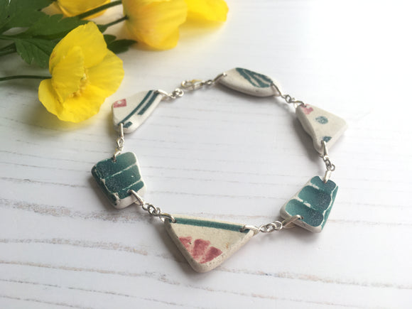 Scottish Sea Pottery Red Green Floral Bracelet - 9