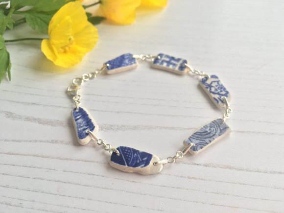 Scottish Blue Sea Pottery Bracelet 8” Sterling Silver