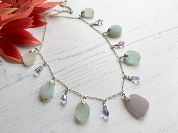 Lavender Opalescent Sea Foam Alexandrite Bead Necklace - Sea Glass Sterling Silver