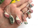 Sea Pottery Blue Necklace - Red Green Flowers