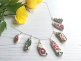 Sea Pottery Blue Necklace - Red Green Flowers