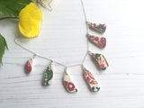 Sea Pottery Blue Necklace - Red Green Flowers