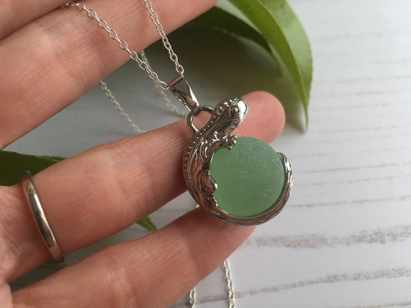 Sea Glass Codd Marble Gecko Lizard Pendant