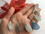 Pastel Blue Grey Opalescent Shades Sea Glass Necklace - 22' Sterling Silver