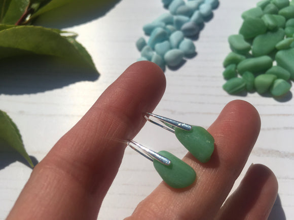 Waterdops - Green Milk Sea Glass, Sterling Silver Earrings