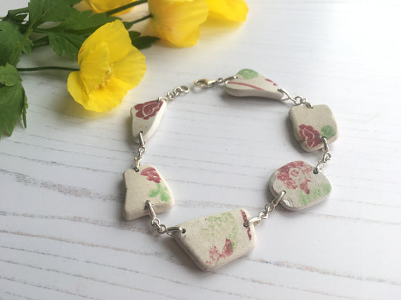 Scottish Sea Pottery Red Green Floral Bracelet - 8.5