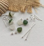 White Green Sea Glass Stacker Earrings - DIY Kit available - sterling silver