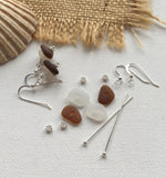 White Brown Sea Glass Stacker Earrings - sterling silver