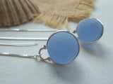 Japanese Sea Glass Marble Earrings, Threader Sterling Silver Blue