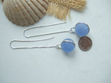 Japanese Sea Glass Marble Earrings, Threader Sterling Silver Blue