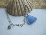Light Blue Sea Glass Bracelet, Heart Charm and Chain, sterling silver 7.5"