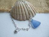 light blue sea glass pendant on heart chain bracelet