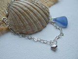 Light Blue Sea Glass Bracelet, Heart Charm and Chain, sterling silver 7.5"