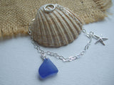 Blue Sea Glass Bracelet, Starfish Charm, sterling silver 8"