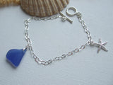 Blue Sea Glass Bracelet, Starfish Charm, sterling silver 8"