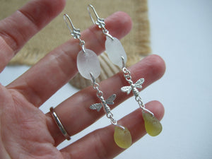 Chandelier Earrings - White and Yellow Sea Glass Bee Earrings