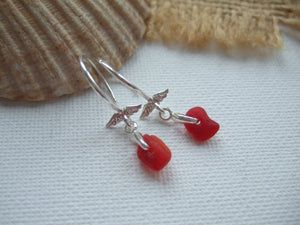 petite red sea glass earrings with angel wing setting