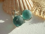 Japanese Teal Sea Glass Marble Earrings, Leverback Sterling Silver
