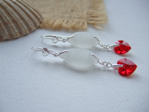 red heart crystal earrings with white sea glass
