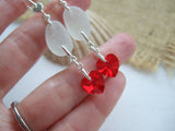 Swarovski Heart Crystal Red And White Sea Glass Earrings - Sterling Silver
