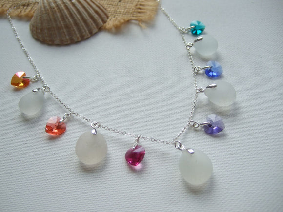 heart crystal necklace with white sea glass