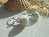 White Milk Sea Glass Earrings, Heart Design Sterling Silver