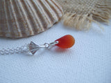 Amberina Red Sea Glass Necklace, red beach glass pendant with leaf setting