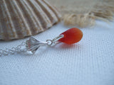 Amberina Red Sea Glass Necklace, red beach glass pendant with leaf setting